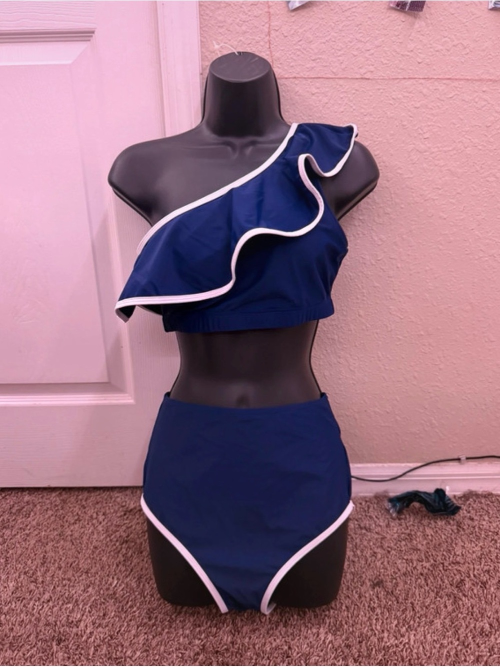 Navy One-Shoulder Ruffle High-Waist Bikini